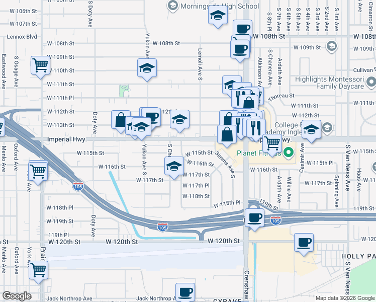 map of restaurants, bars, coffee shops, grocery stores, and more near 3355 West 115th Street in Inglewood
