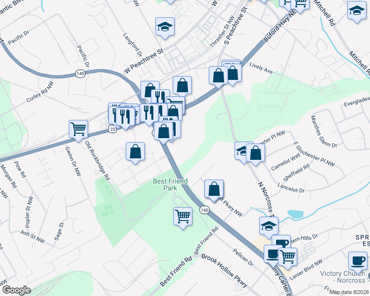 map of restaurants, bars, coffee shops, grocery stores, and more near 6295 Jimmy Carter Boulevard in Norcross