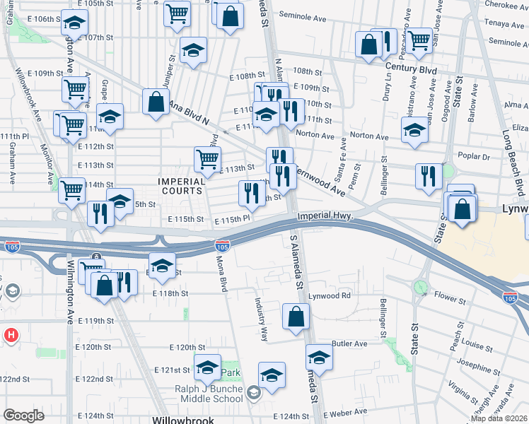 map of restaurants, bars, coffee shops, grocery stores, and more near 2515 East 115th Place in Los Angeles