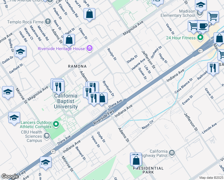 map of restaurants, bars, coffee shops, grocery stores, and more near 3551 Brynhurst Drive in Riverside