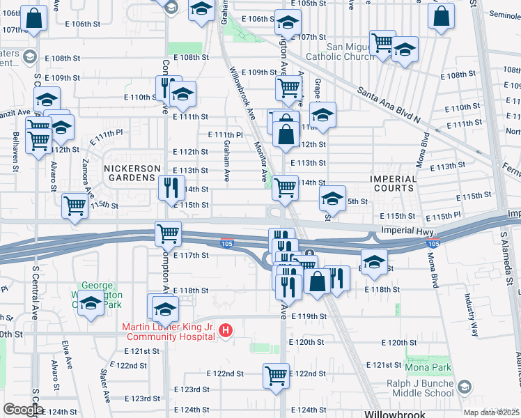 map of restaurants, bars, coffee shops, grocery stores, and more near 1810 East 115th Street in Los Angeles