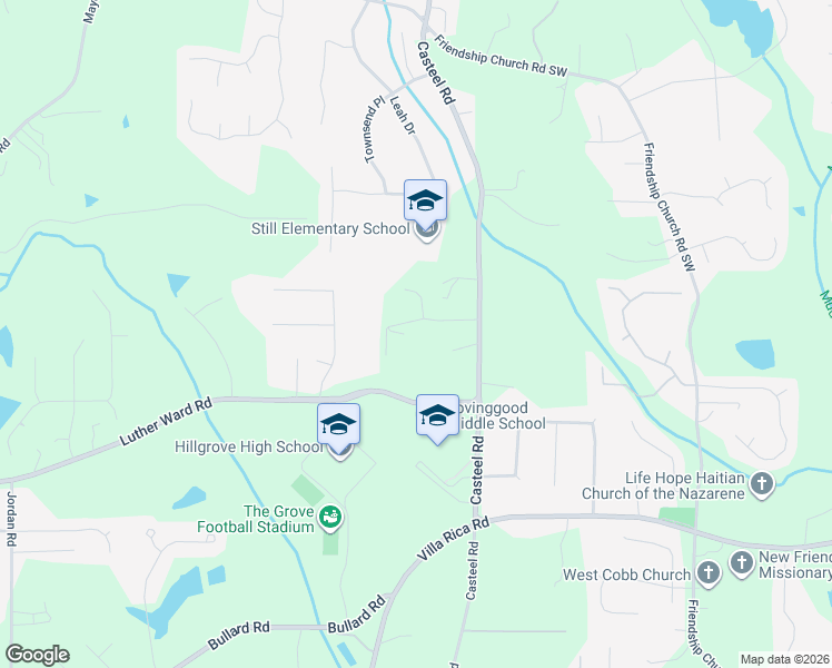 map of restaurants, bars, coffee shops, grocery stores, and more near 958 Casteel Road in Powder Springs