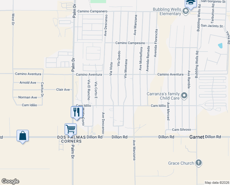 map of restaurants, bars, coffee shops, grocery stores, and more near 16310 Via Vista in Desert Hot Springs