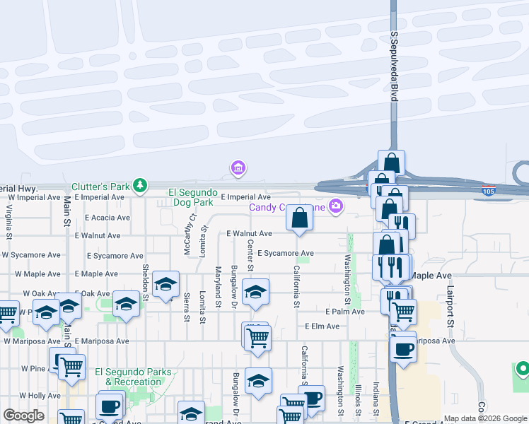 map of restaurants, bars, coffee shops, grocery stores, and more near 1109 East Acacia Avenue in El Segundo
