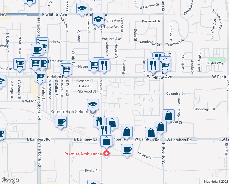 map of restaurants, bars, coffee shops, grocery stores, and more near 1667 Honeywood Court in Brea