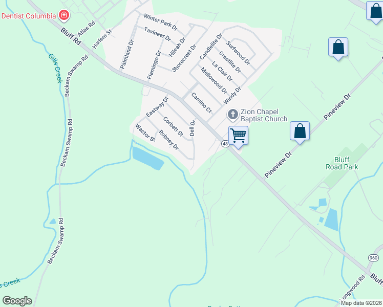 map of restaurants, bars, coffee shops, grocery stores, and more near 2951 Dell Drive in Columbia