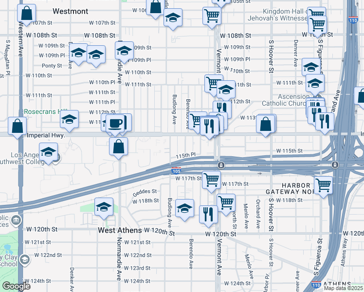 map of restaurants, bars, coffee shops, grocery stores, and more near 11429 Berendo Avenue in Los Angeles