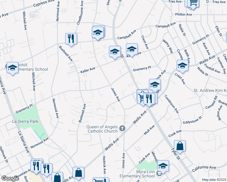 map of restaurants, bars, coffee shops, grocery stores, and more near 5298 Jones Avenue in Riverside