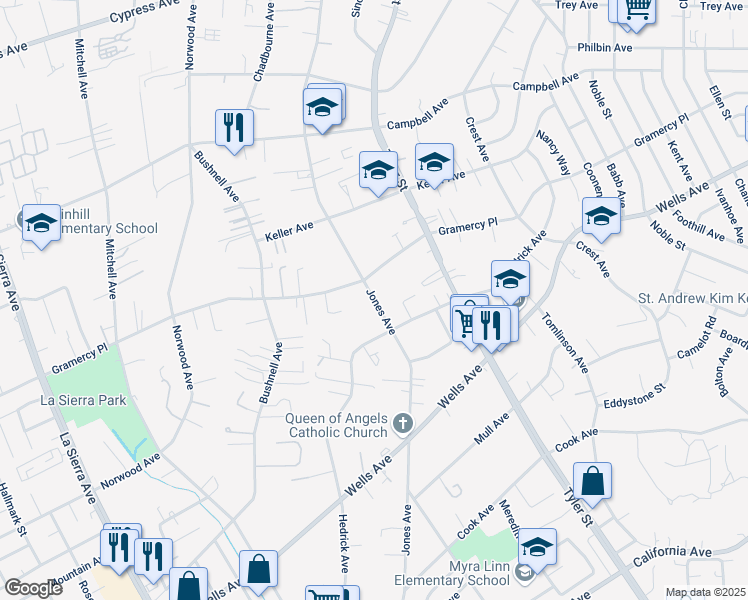 map of restaurants, bars, coffee shops, grocery stores, and more near Jones Avenue in Riverside