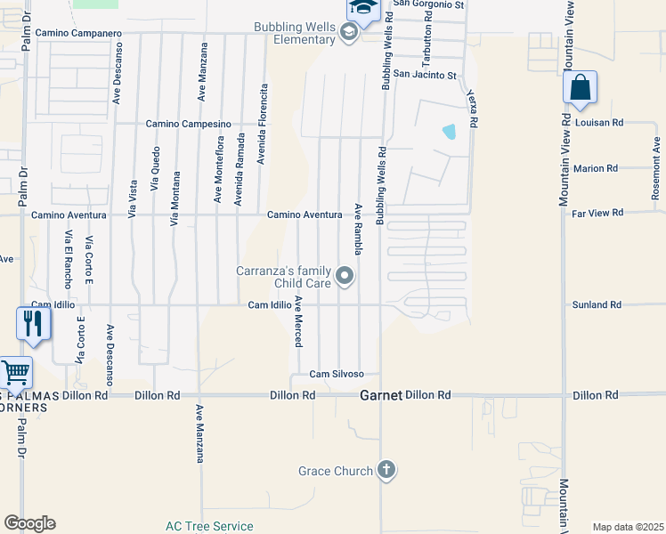 map of restaurants, bars, coffee shops, grocery stores, and more near 16295 Avenue Atezada in Desert Hot Springs