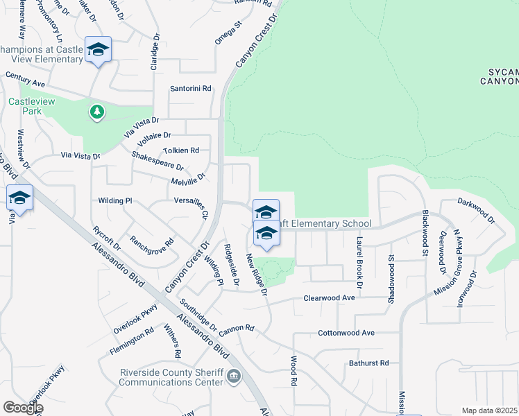 map of restaurants, bars, coffee shops, grocery stores, and more near 6631 New Ridge Drive in Riverside