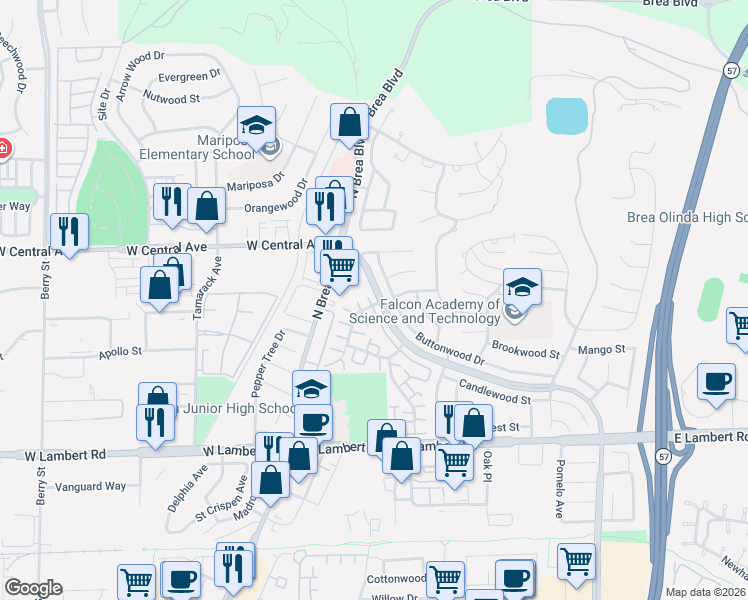 map of restaurants, bars, coffee shops, grocery stores, and more near 181 Mountain Court in Brea