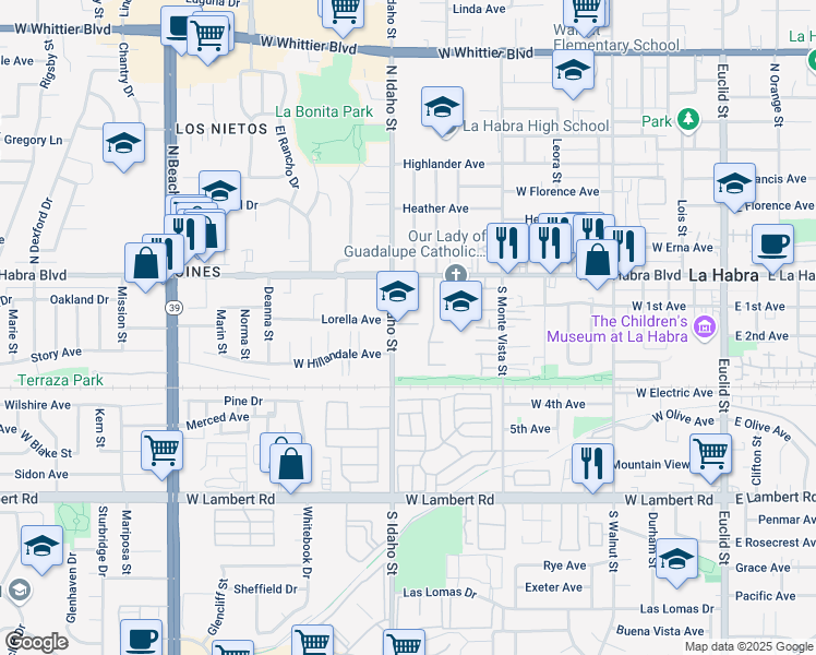 map of restaurants, bars, coffee shops, grocery stores, and more near 230 South Idaho Street in La Habra