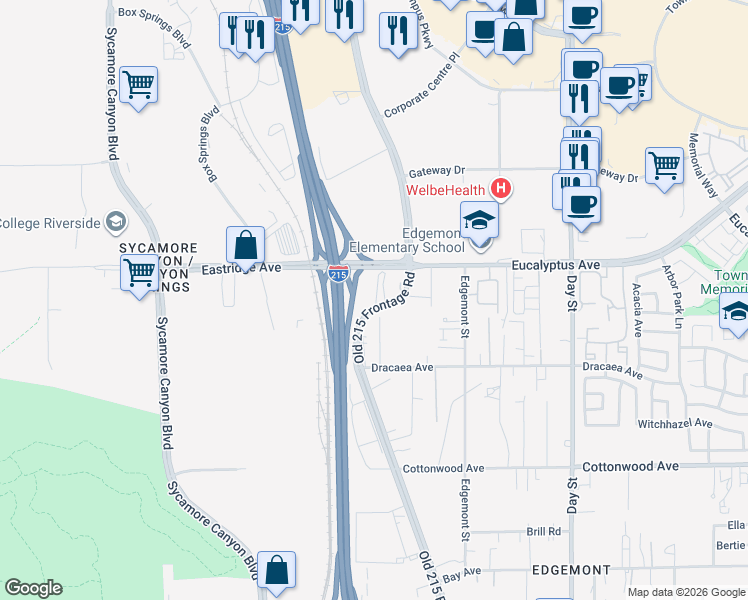 map of restaurants, bars, coffee shops, grocery stores, and more near in Riverside
