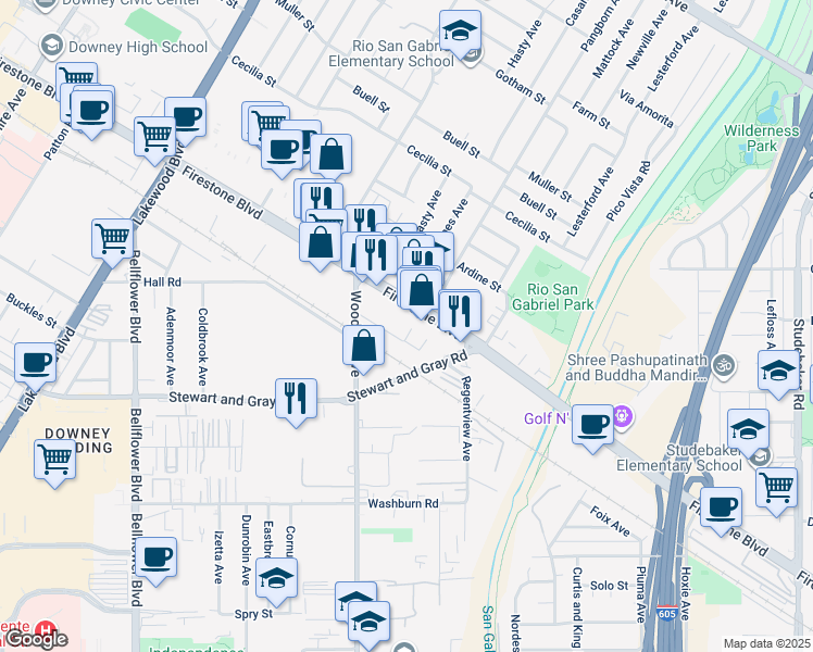 map of restaurants, bars, coffee shops, grocery stores, and more near 11221 Pangborn Avenue in Downey