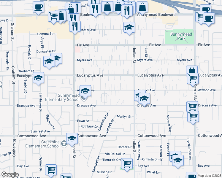 map of restaurants, bars, coffee shops, grocery stores, and more near 24294 Atwood Avenue in Moreno Valley