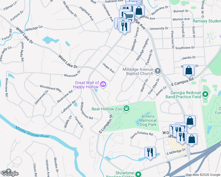 map of restaurants, bars, coffee shops, grocery stores, and more near 599 Milledge Terrace in Athens