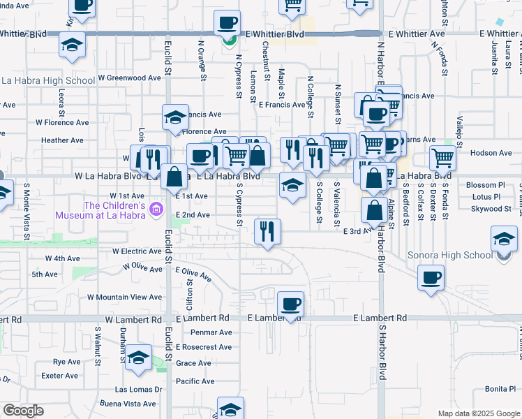 map of restaurants, bars, coffee shops, grocery stores, and more near 511 East 2nd Avenue in La Habra