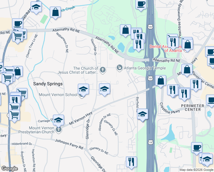 map of restaurants, bars, coffee shops, grocery stores, and more near 655 Glenridge Close Drive Northeast in Atlanta