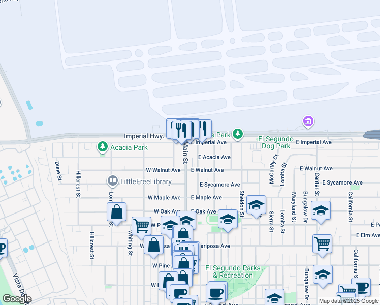 map of restaurants, bars, coffee shops, grocery stores, and more near 950 Main Street in El Segundo