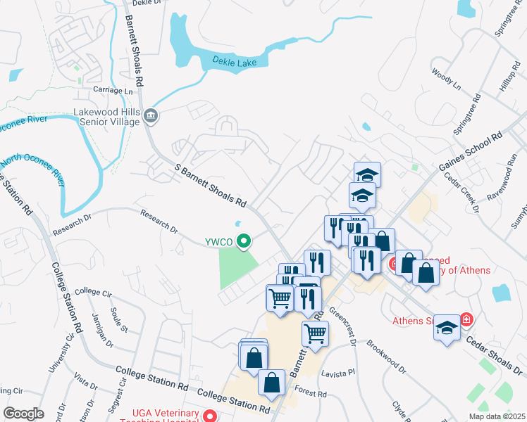 map of restaurants, bars, coffee shops, grocery stores, and more near 1425 South Barnett Shoals Road in Athens