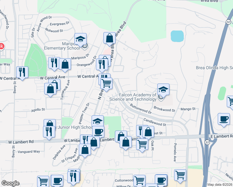 map of restaurants, bars, coffee shops, grocery stores, and more near 181 Mountain Court in Brea