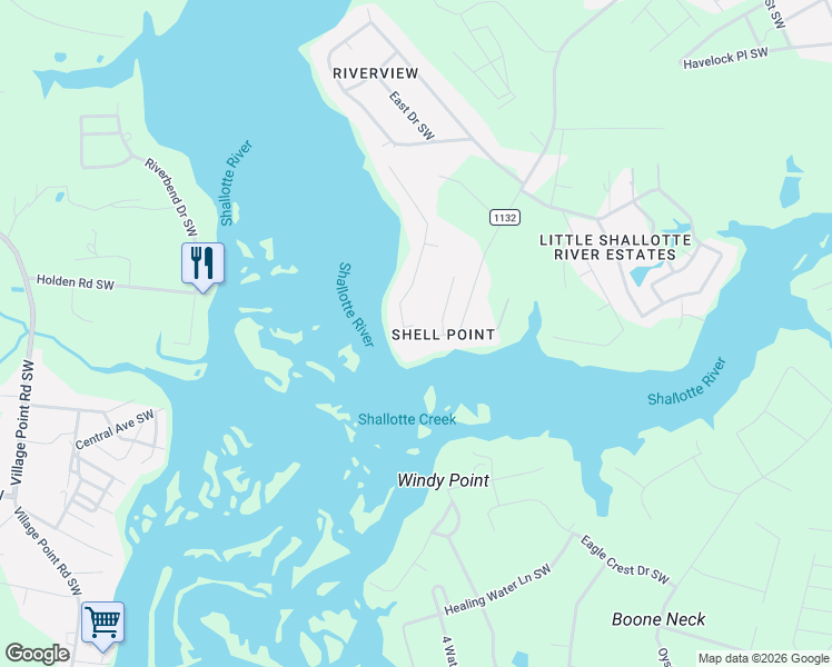 map of restaurants, bars, coffee shops, grocery stores, and more near 3528-3564 Shell Point Rd SW in Shallotte