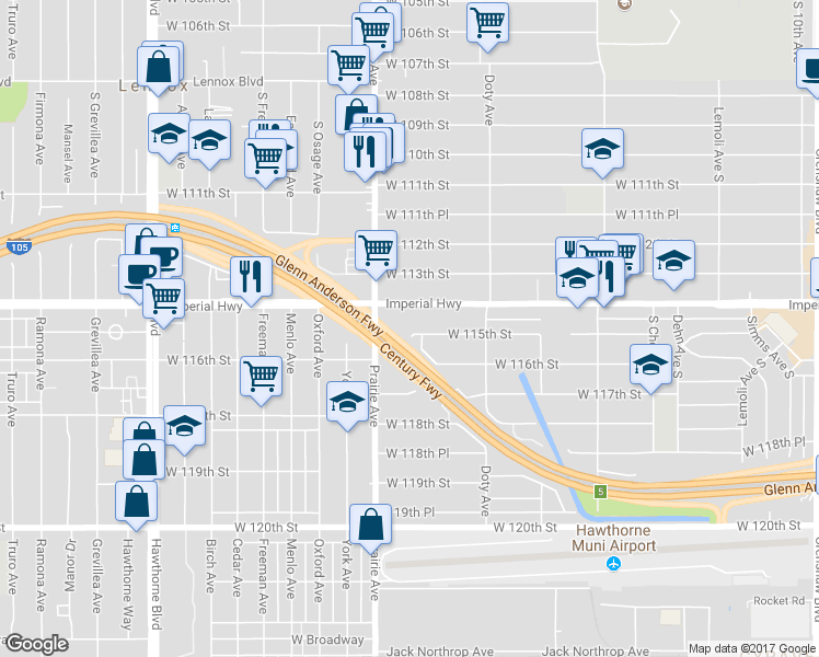map of restaurants, bars, coffee shops, grocery stores, and more near 3921 West 115th Street in Hawthorne