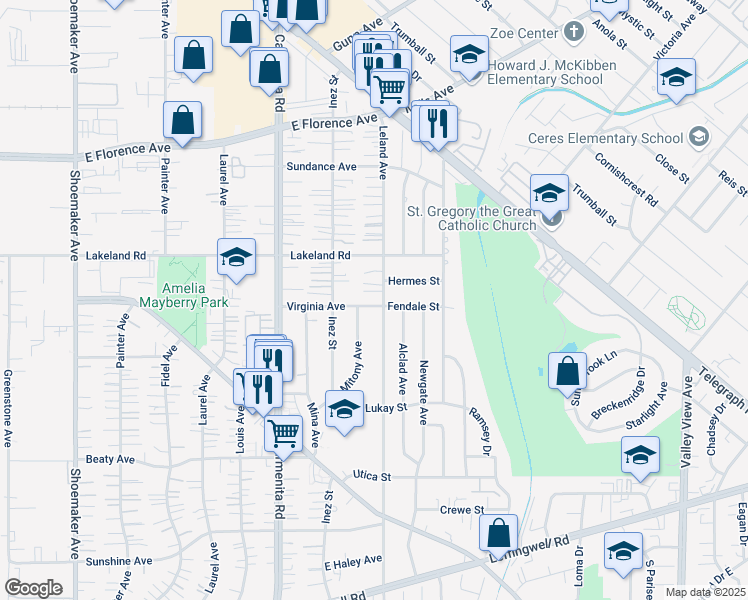 map of restaurants, bars, coffee shops, grocery stores, and more near 13549 Virginia Avenue in Whittier