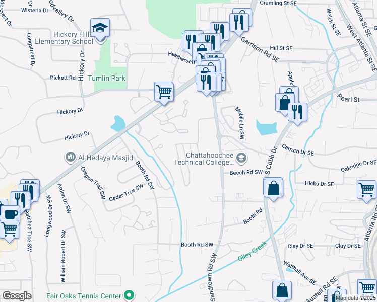 map of restaurants, bars, coffee shops, grocery stores, and more near 848 Sandtown Road Southwest in Marietta