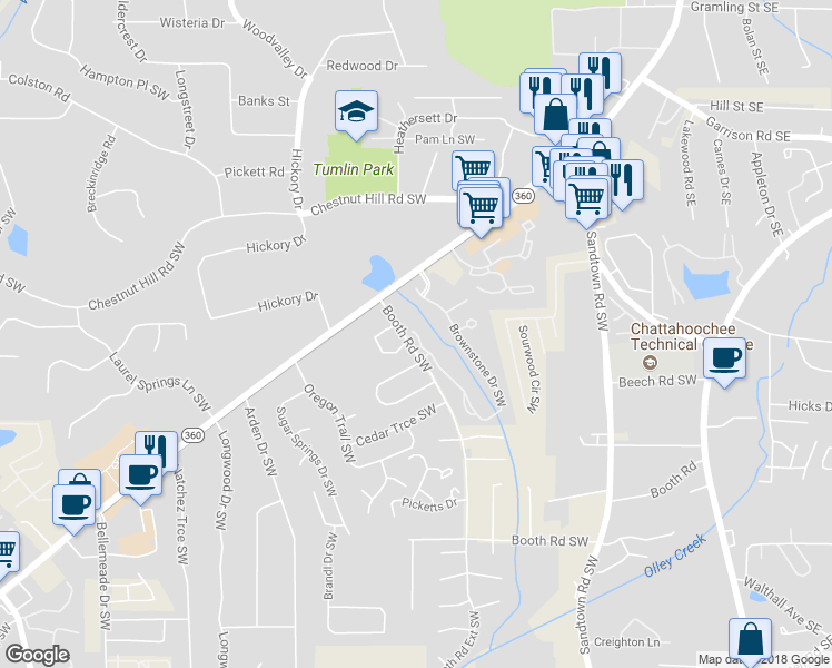 map of restaurants, bars, coffee shops, grocery stores, and more near 1087 Brownstone Drive Southwest in Marietta