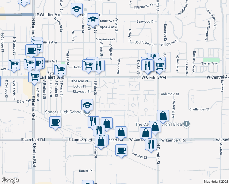 map of restaurants, bars, coffee shops, grocery stores, and more near 1585 Honeywood Court in Brea