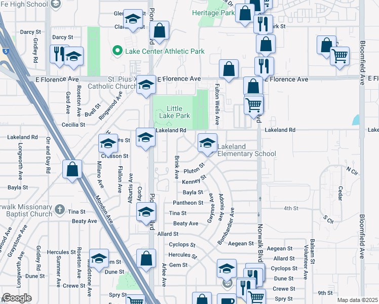 map of restaurants, bars, coffee shops, grocery stores, and more near 11928 Battle Street in Norwalk