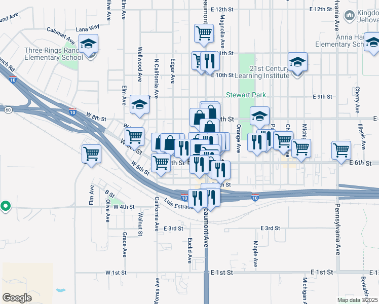 map of restaurants, bars, coffee shops, grocery stores, and more near 645 Euclid Avenue in Beaumont