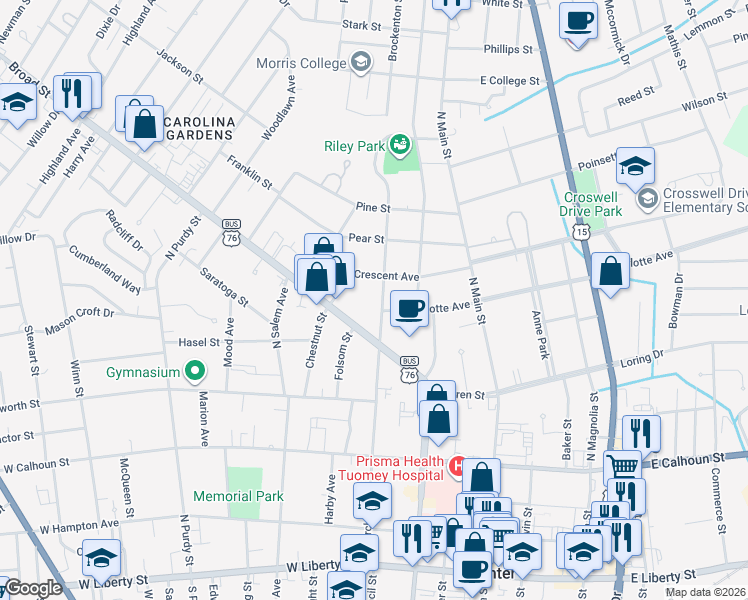 map of restaurants, bars, coffee shops, grocery stores, and more near 45 West Charlotte Avenue in Sumter