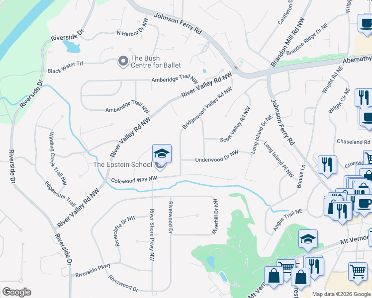 map of restaurants, bars, coffee shops, grocery stores, and more near 6405 Bridgewood Valley Road Northwest in Atlanta