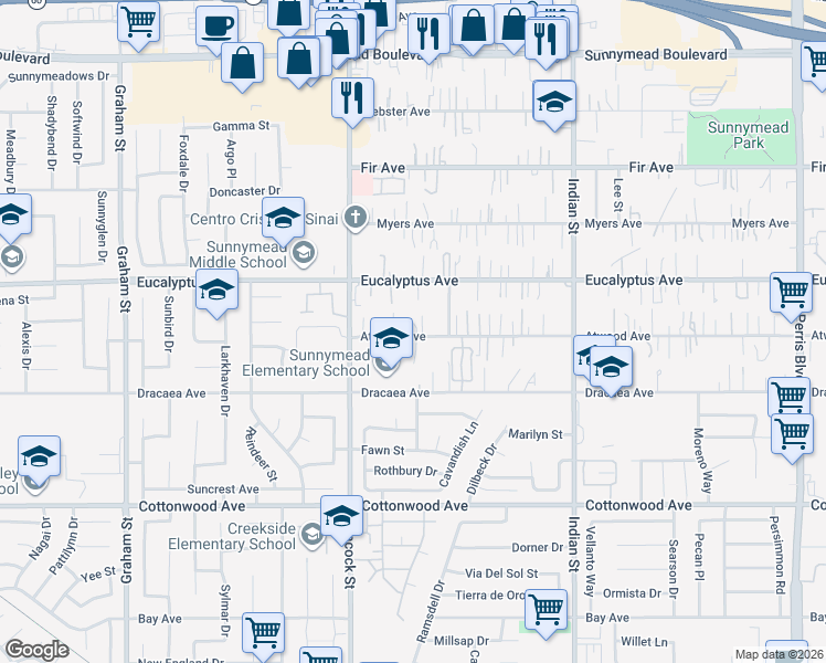map of restaurants, bars, coffee shops, grocery stores, and more near 24136 Atwood Avenue in Moreno Valley