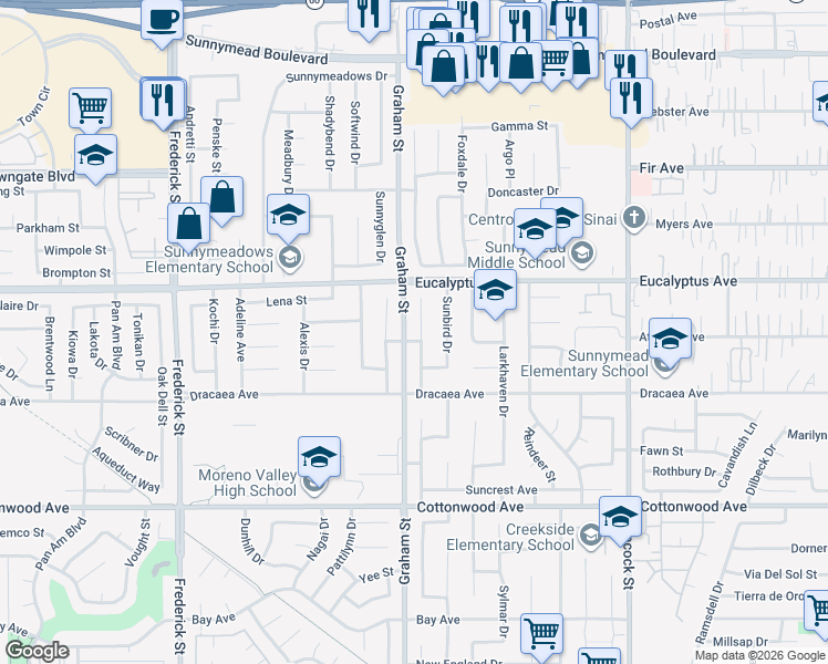 map of restaurants, bars, coffee shops, grocery stores, and more near 13113 Sunlit Court in Moreno Valley