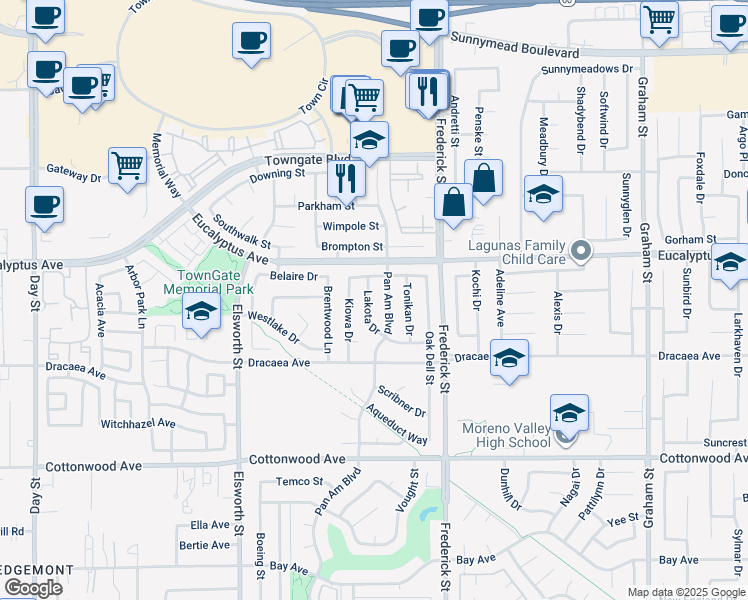 map of restaurants, bars, coffee shops, grocery stores, and more near 13046 Lakota Drive in Moreno Valley
