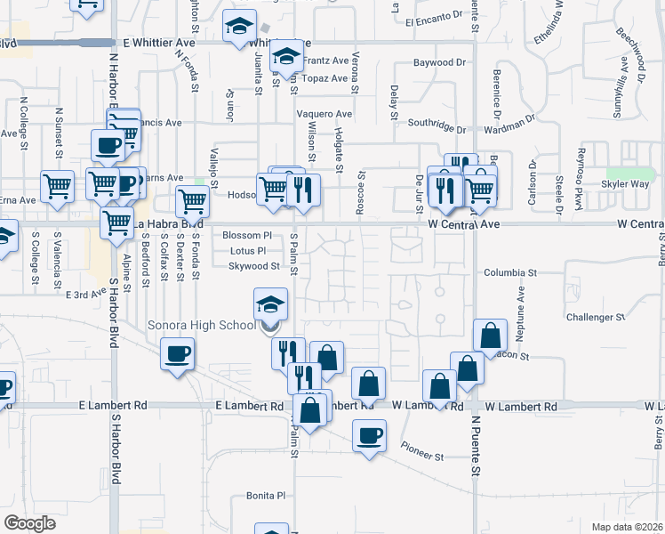 map of restaurants, bars, coffee shops, grocery stores, and more near 1667 Honeywood Court in Brea