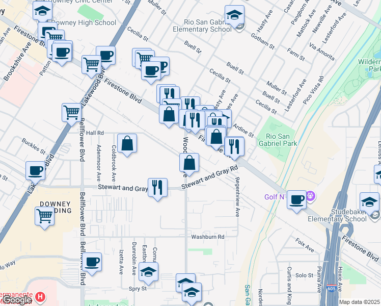 map of restaurants, bars, coffee shops, grocery stores, and more near 9412 Nance Street in Downey