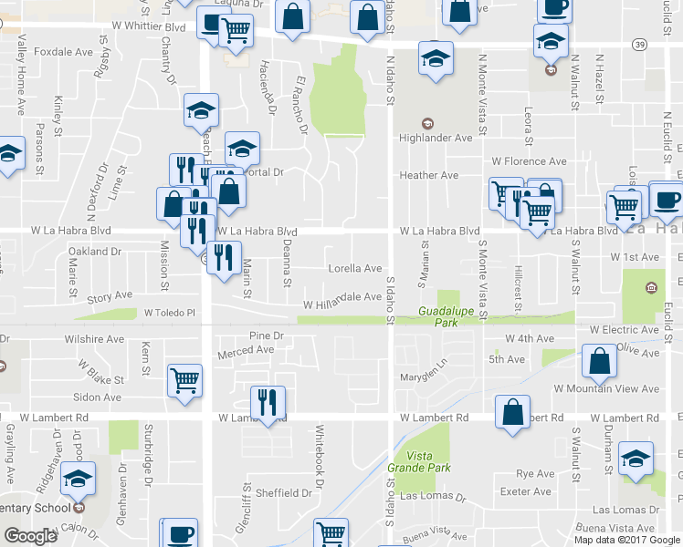 map of restaurants, bars, coffee shops, grocery stores, and more near 1420 Lorella Avenue in La Habra
