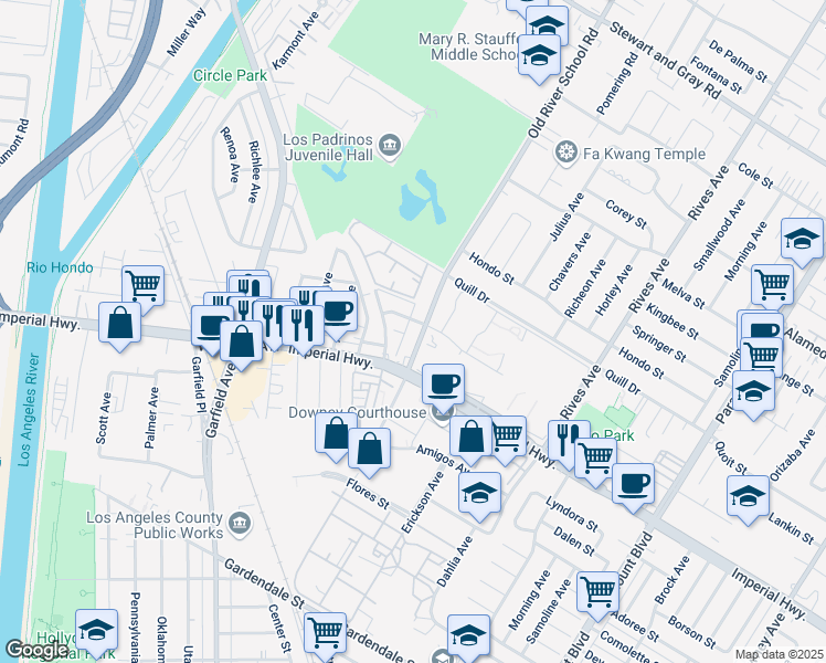 map of restaurants, bars, coffee shops, grocery stores, and more near 12531 Old River School Road in Downey