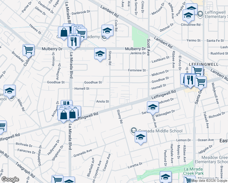 map of restaurants, bars, coffee shops, grocery stores, and more near 11128 Stamy Road in Whittier