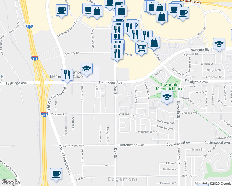 map of restaurants, bars, coffee shops, grocery stores, and more near 13096 Day Street in Moreno Valley