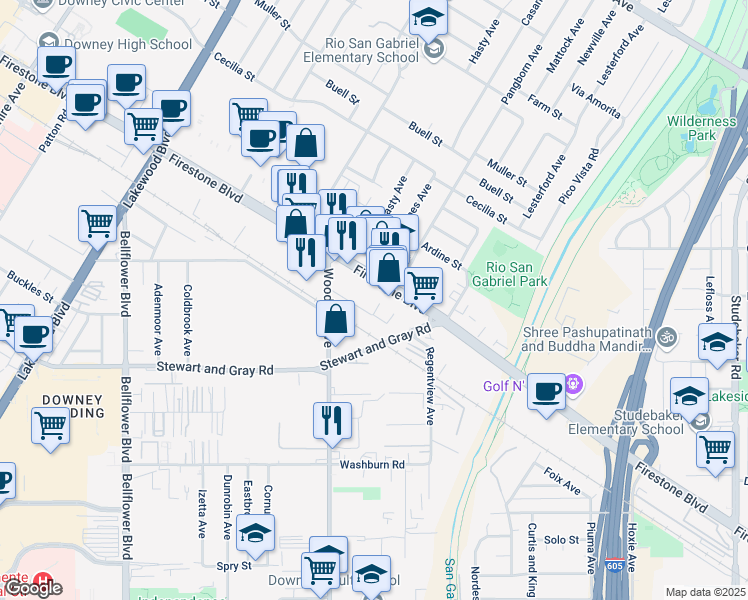 map of restaurants, bars, coffee shops, grocery stores, and more near 11221 Pangborn Avenue in Downey