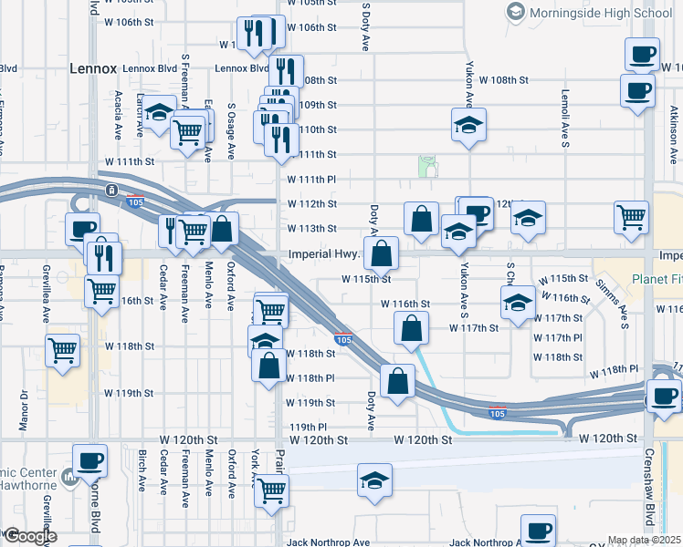 map of restaurants, bars, coffee shops, grocery stores, and more near 3841 West 115th Street in Hawthorne