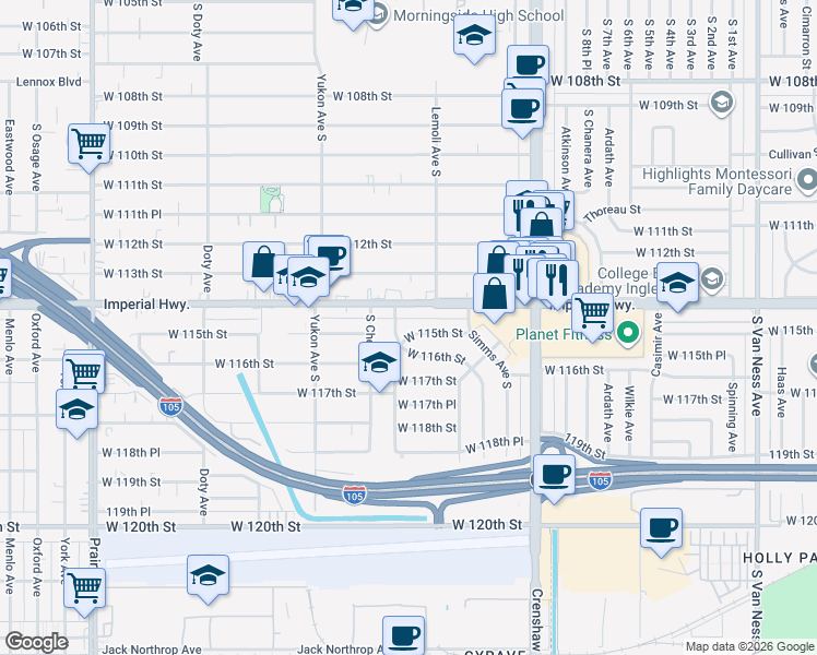map of restaurants, bars, coffee shops, grocery stores, and more near 3355 West 115th Street in Inglewood