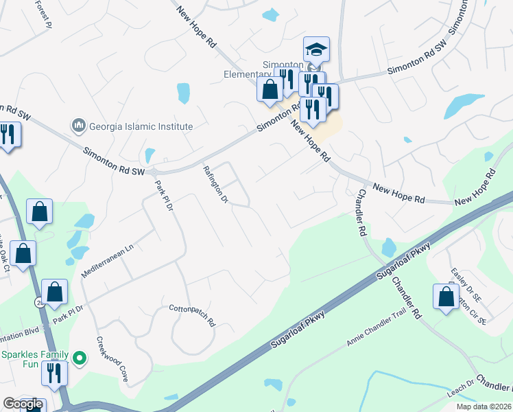 map of restaurants, bars, coffee shops, grocery stores, and more near 1065 Rafington Drive in Lawrenceville