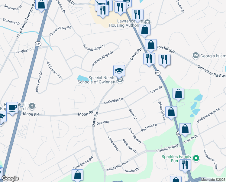 map of restaurants, bars, coffee shops, grocery stores, and more near 702 Davis Road in Lawrenceville